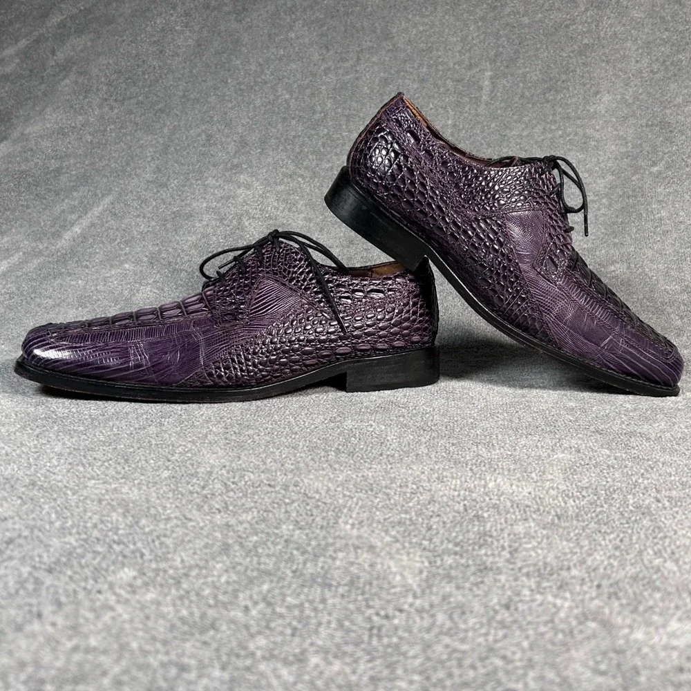 Stacy Adams Croc Embossed Derby Oxford Purple Leather Square Toe Shoes Mens 9.5M